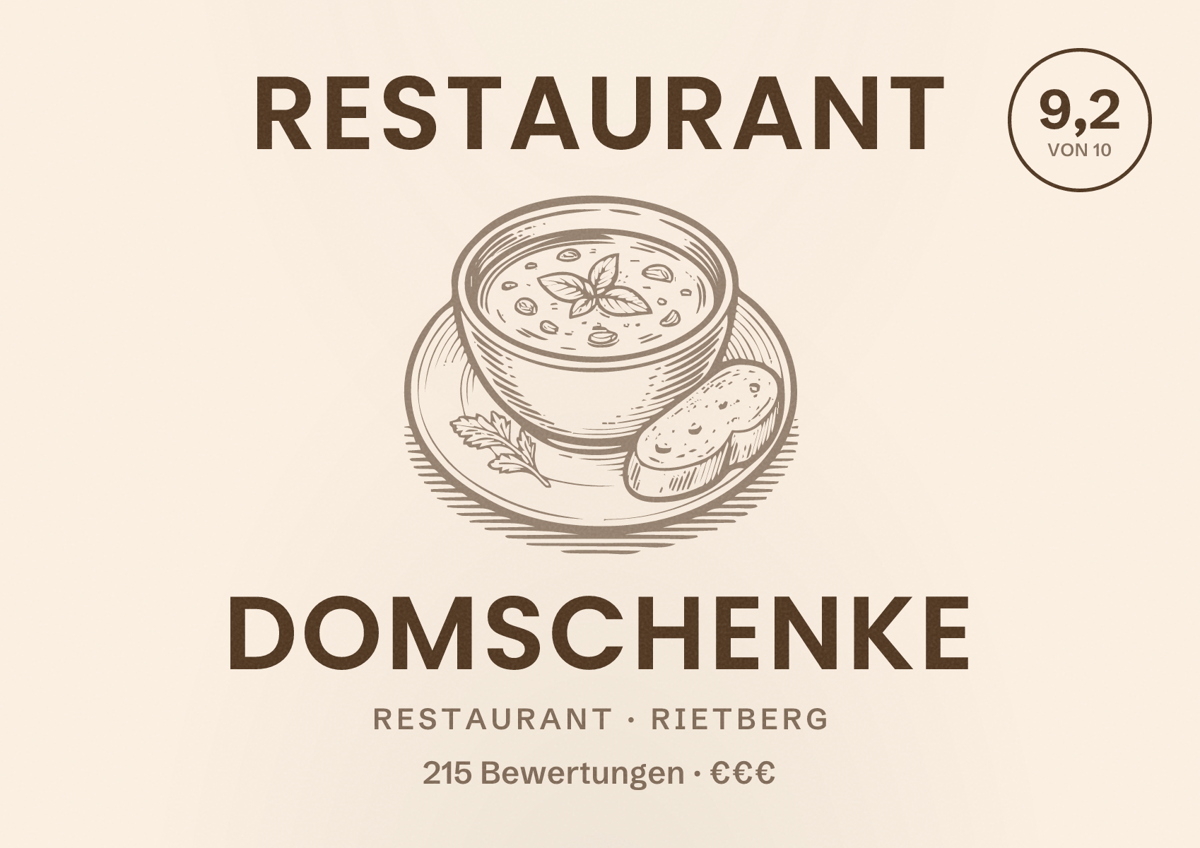 Illustriertes Poster von Restaurant Domschenke, Restaurant in Rietberg: Bewertung 9,2 von 10 aus 215 Bewertungen, Preisniveau €€€