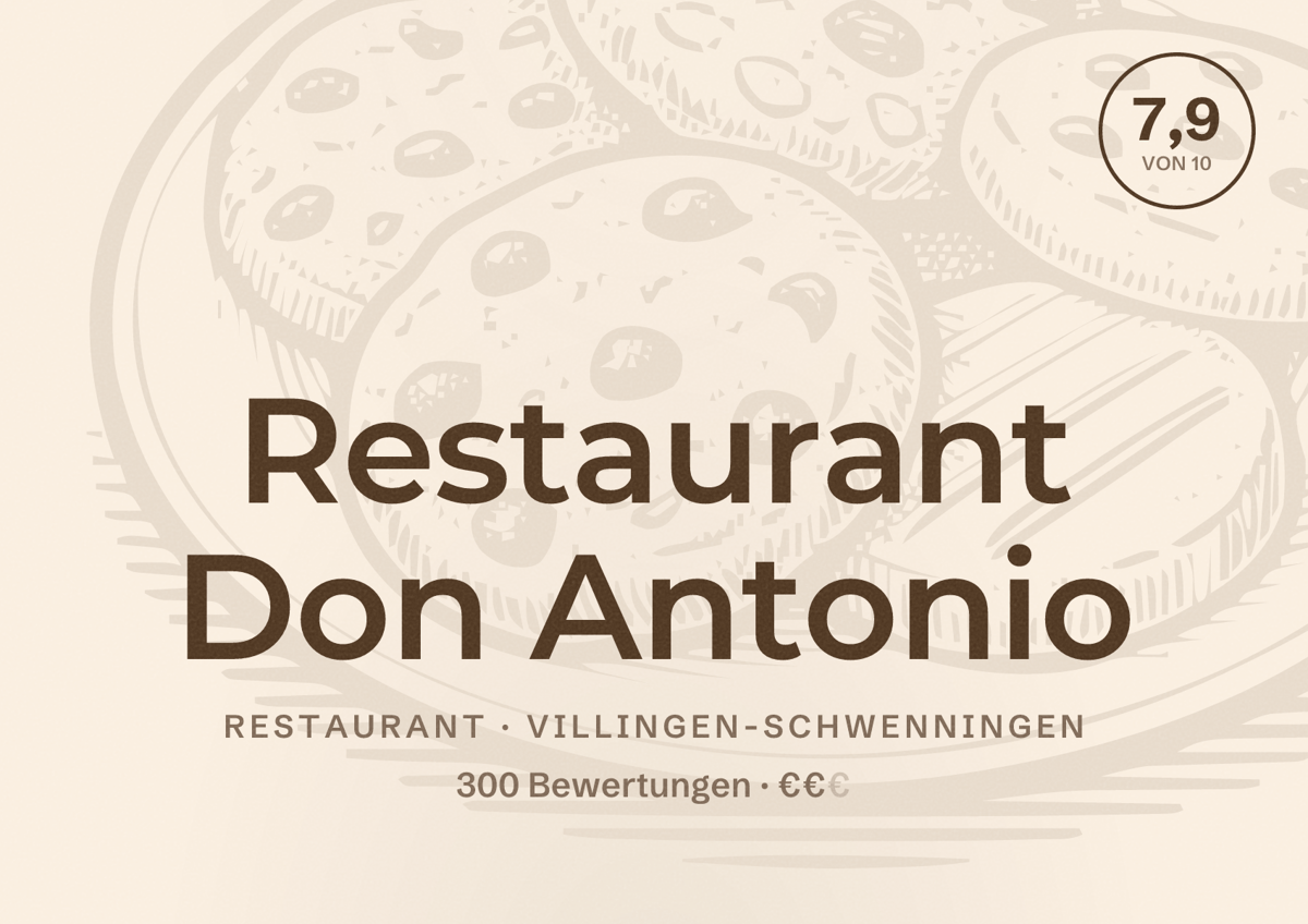 Illustriertes Poster von Restaurant Don Antonio, Restaurant in Villingen-Schwenningen: Bewertung 7,9 von 10 aus 300 Bewertungen, Preisniveau €€
