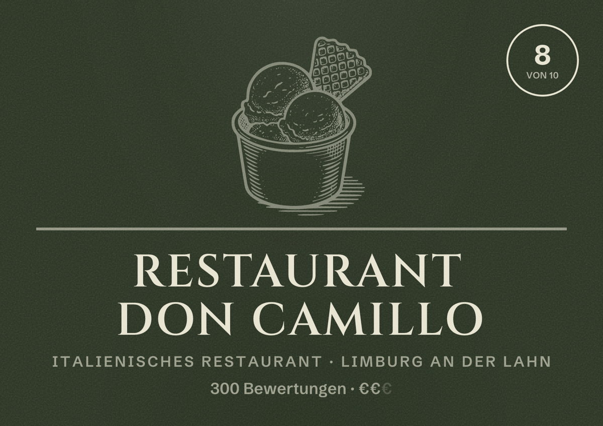Illustriertes Poster von Restaurant Don Camillo, Italienisches Restaurant in Limburg an der Lahn: Bewertung 8 von 10 aus 300 Bewertungen, Preisniveau €€