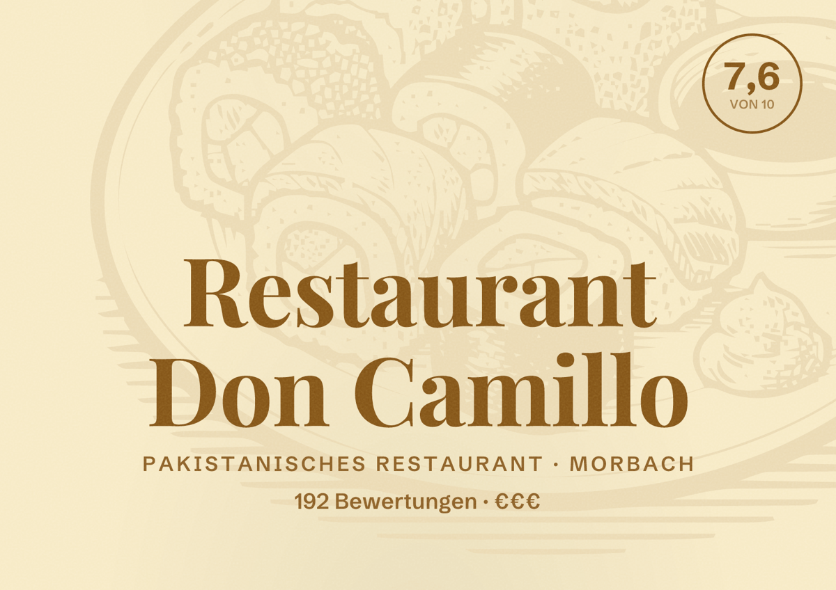Illustriertes Poster von Restaurant Don Camillo, Pakistanisches Restaurant in Morbach: Bewertung 7,6 von 10 aus 192 Bewertungen, Preisniveau €€€