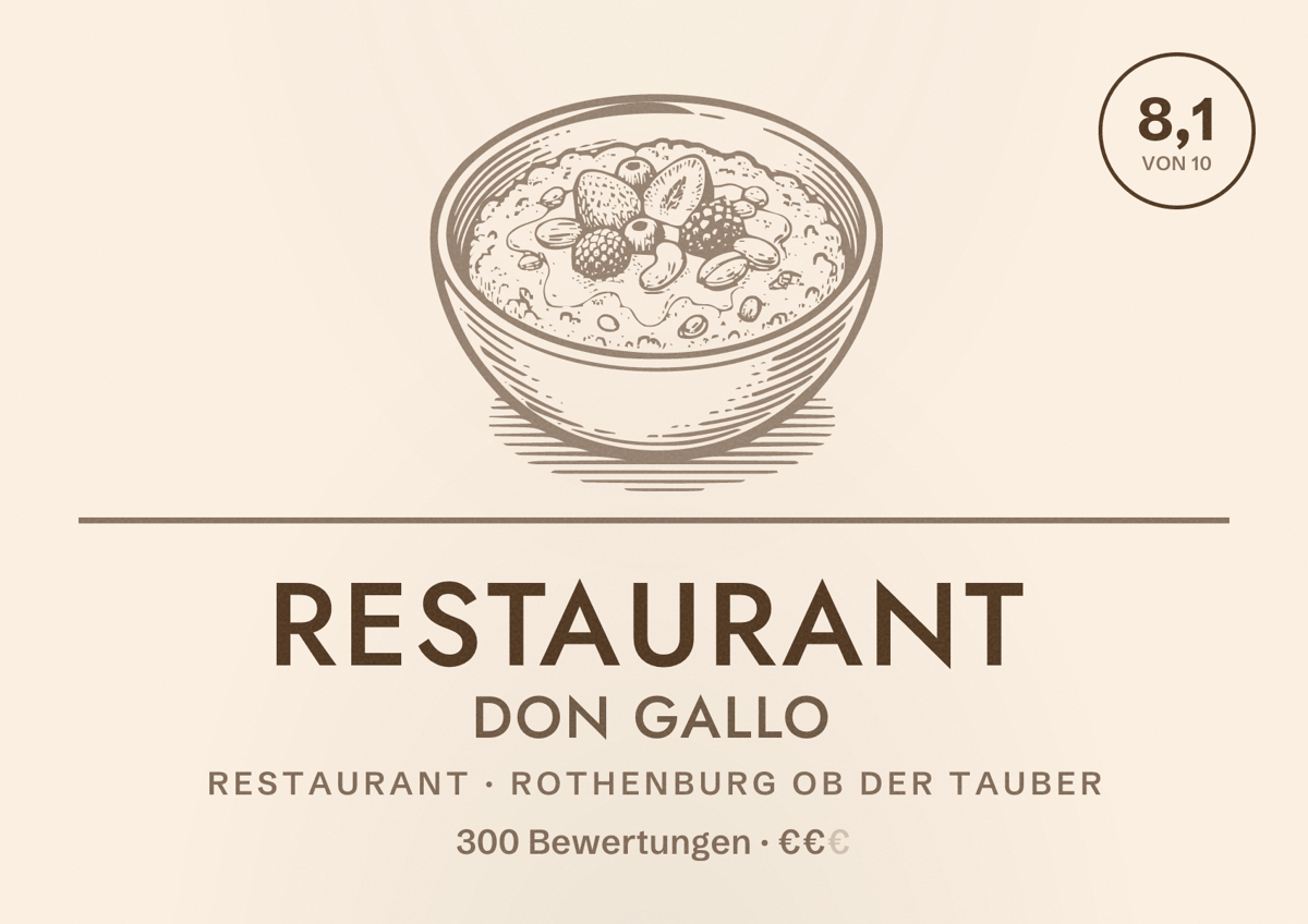 Illustriertes Poster von Restaurant Don Gallo, Restaurant in Rothenburg ob der Tauber: Bewertung 8,1 von 10 aus 300 Bewertungen, Preisniveau €€