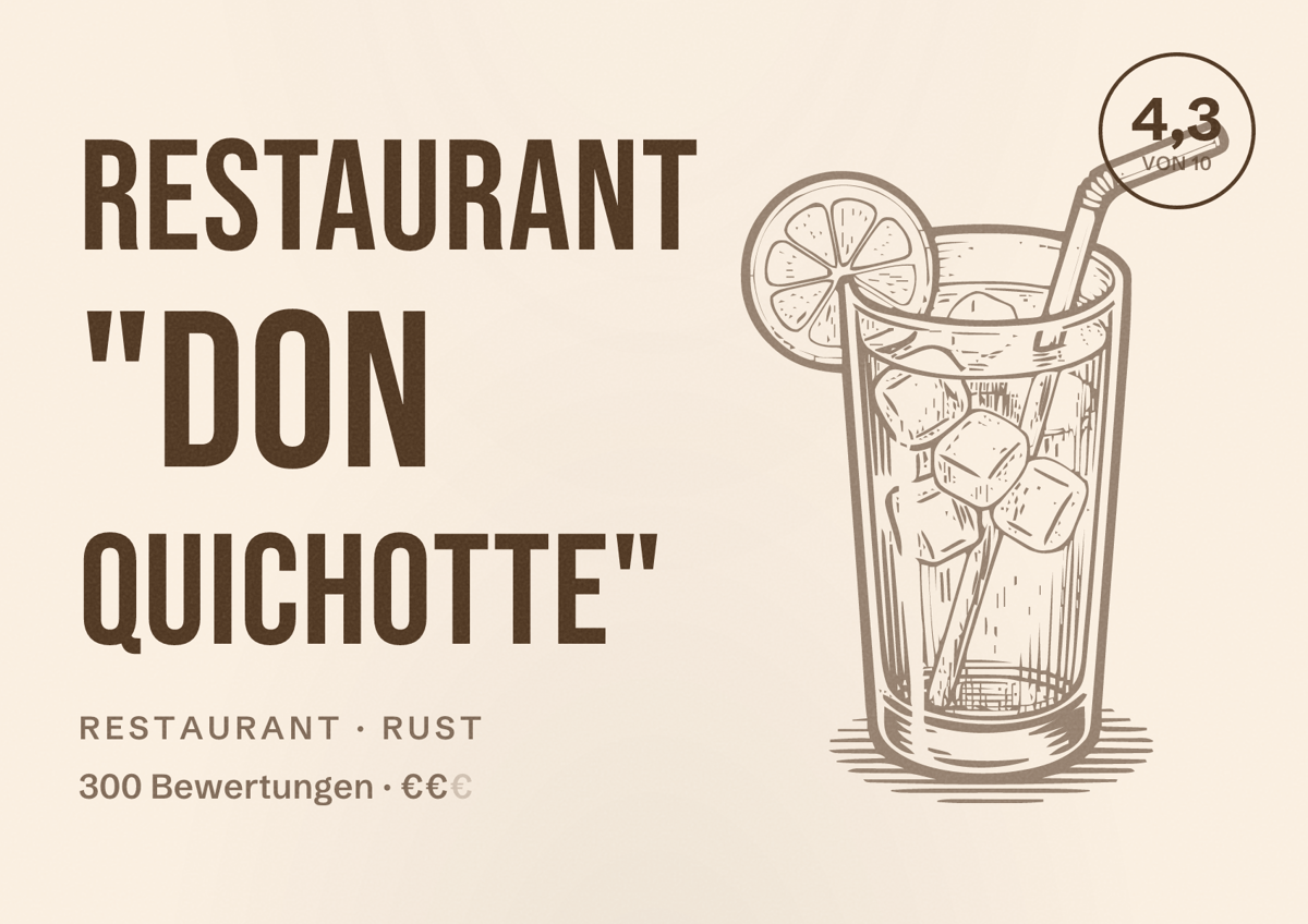 Illustriertes Poster von Restaurant "Don Quichotte", Restaurant in Rust: Bewertung 4,3 von 10 aus 300 Bewertungen, Preisniveau €€