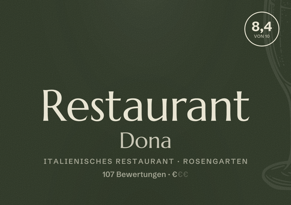 Illustriertes Poster von Restaurant Dona, Italienisches Restaurant in Rosengarten: Bewertung 8,4 von 10 aus 107 Bewertungen, Preisniveau €