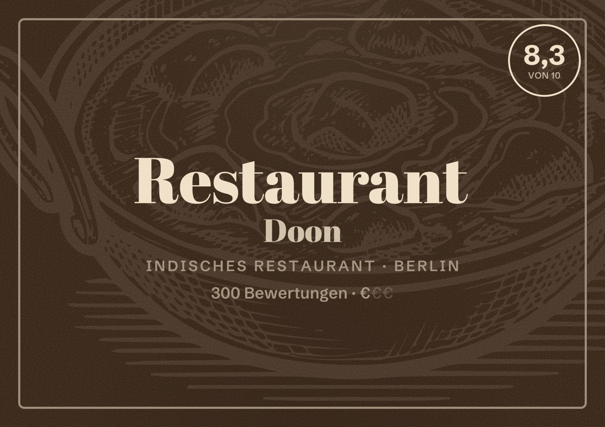 Illustriertes Poster von Restaurant Doon, Indisches Restaurant in Berlin: Bewertung 8,3 von 10 aus 300 Bewertungen, Preisniveau €