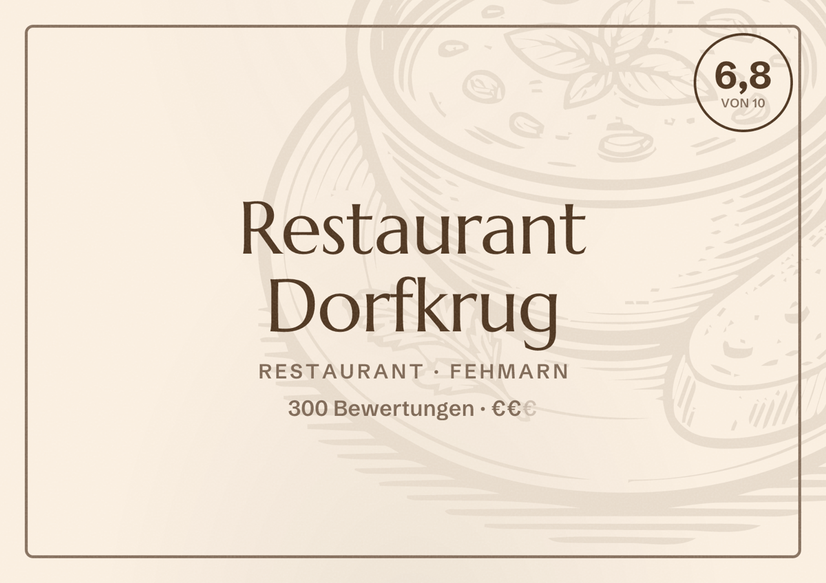 Illustriertes Poster von Restaurant Dorfkrug, Restaurant in Fehmarn: Bewertung 6,8 von 10 aus 300 Bewertungen, Preisniveau €€
