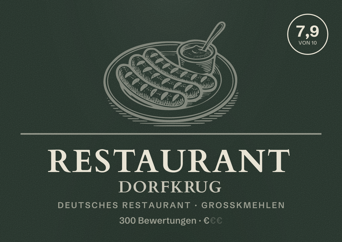 Illustriertes Poster von Restaurant Dorfkrug, Deutsches Restaurant in Großkmehlen: Bewertung 7,9 von 10 aus 300 Bewertungen, Preisniveau €