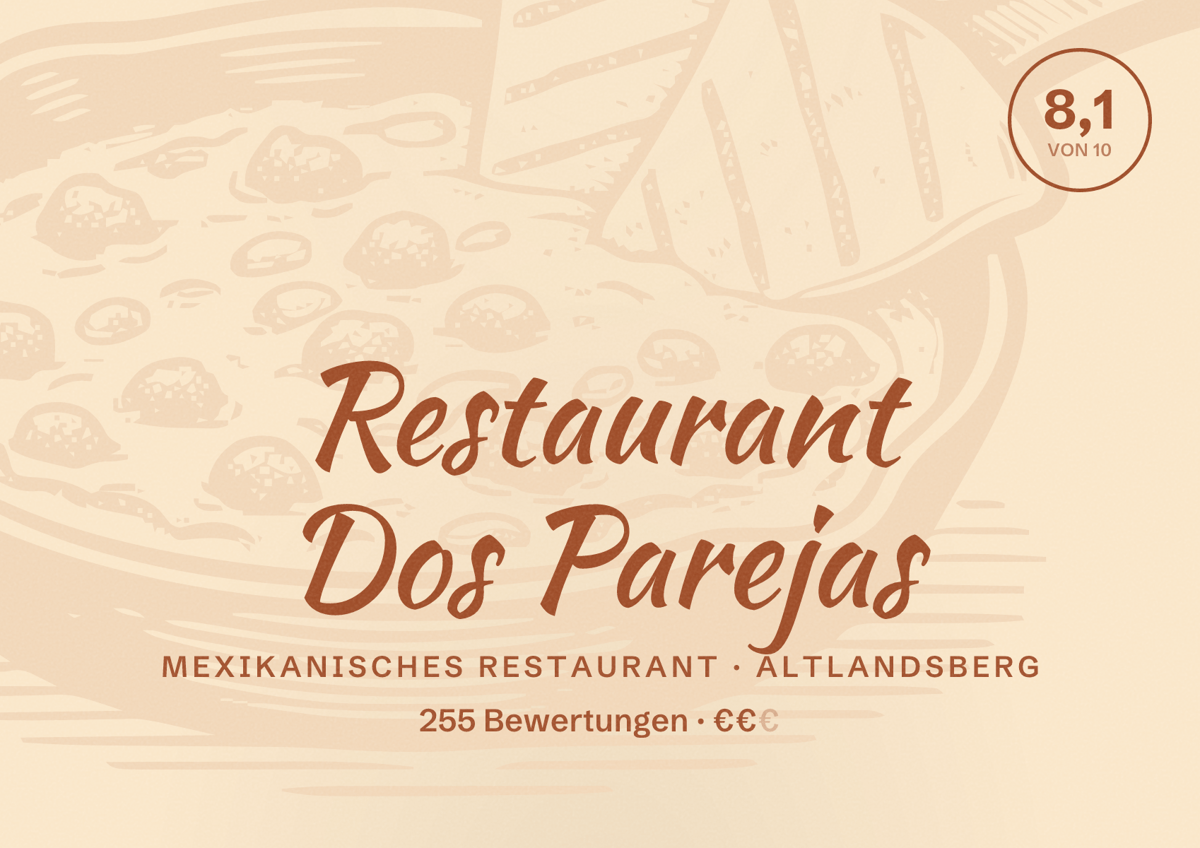 Illustriertes Poster von Restaurant Dos Parejas, Mexikanisches Restaurant in Altlandsberg: Bewertung 8,1 von 10 aus 255 Bewertungen, Preisniveau €€