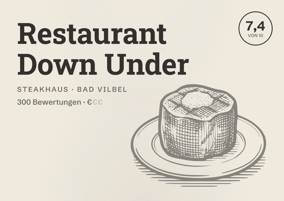 Illustriertes Poster von Restaurant Down Under, Steakhaus in Bad Vilbel: Bewertung 7,4 von 10 aus 300 Bewertungen, Preisniveau €