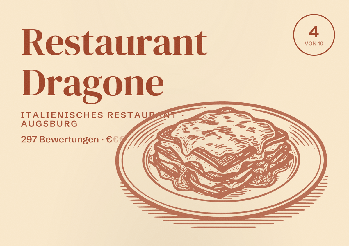 Illustriertes Poster von Restaurant Dragone, Italienisches Restaurant in Augsburg: Bewertung 4,0 von 10 aus 297 Bewertungen, Preisniveau €
