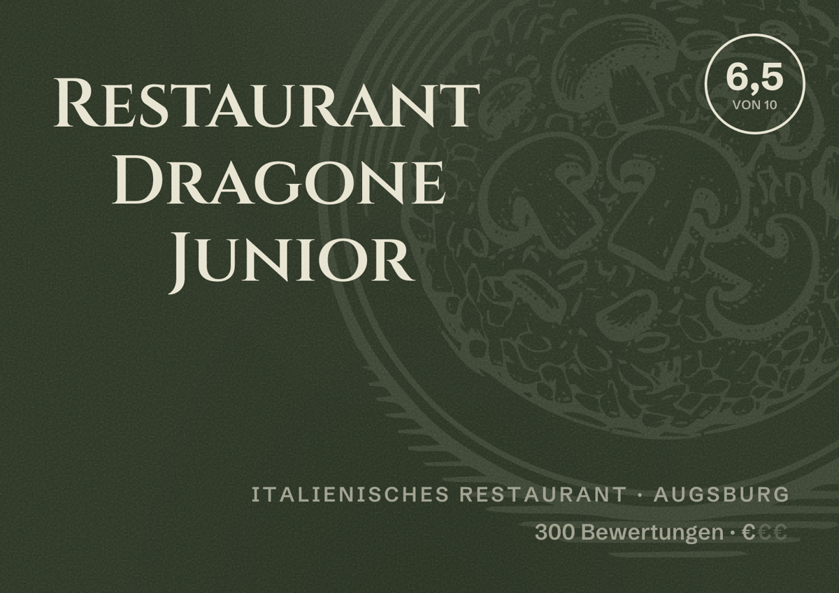 Illustriertes Poster von Restaurant Dragone Junior, Italienisches Restaurant in Augsburg: Bewertung 6,5 von 10 aus 300 Bewertungen, Preisniveau €