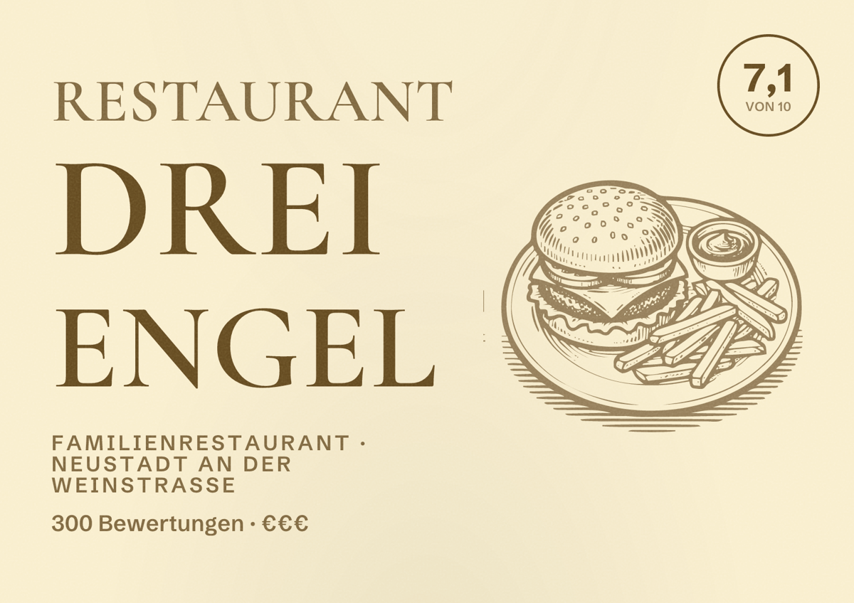 Illustriertes Poster von Restaurant Drei Engel, Familienrestaurant in Neustadt an der Weinstraße: Bewertung 7,1 von 10 aus 300 Bewertungen, Preisniveau €€€