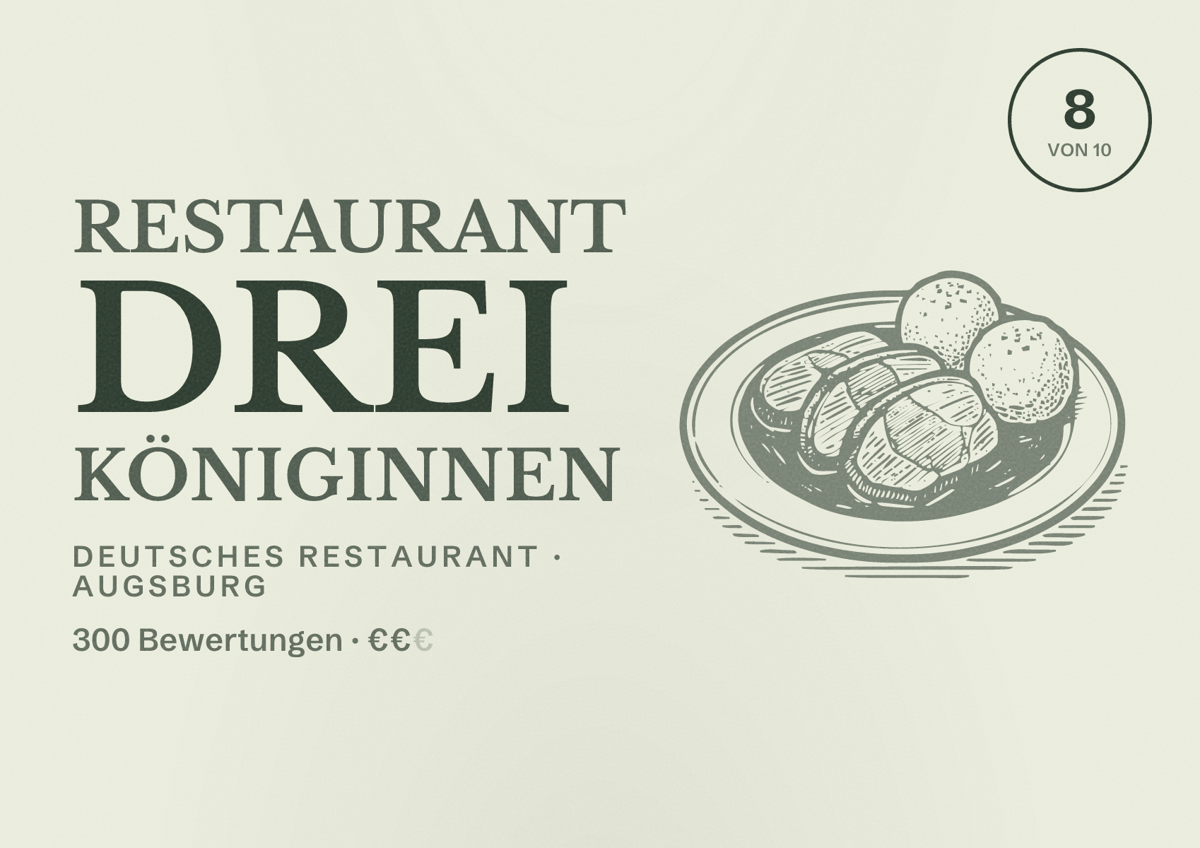 Illustriertes Poster von Restaurant Drei Königinnen, Deutsches Restaurant in Augsburg: Bewertung 8,0 von 10 aus 300 Bewertungen, Preisniveau €€