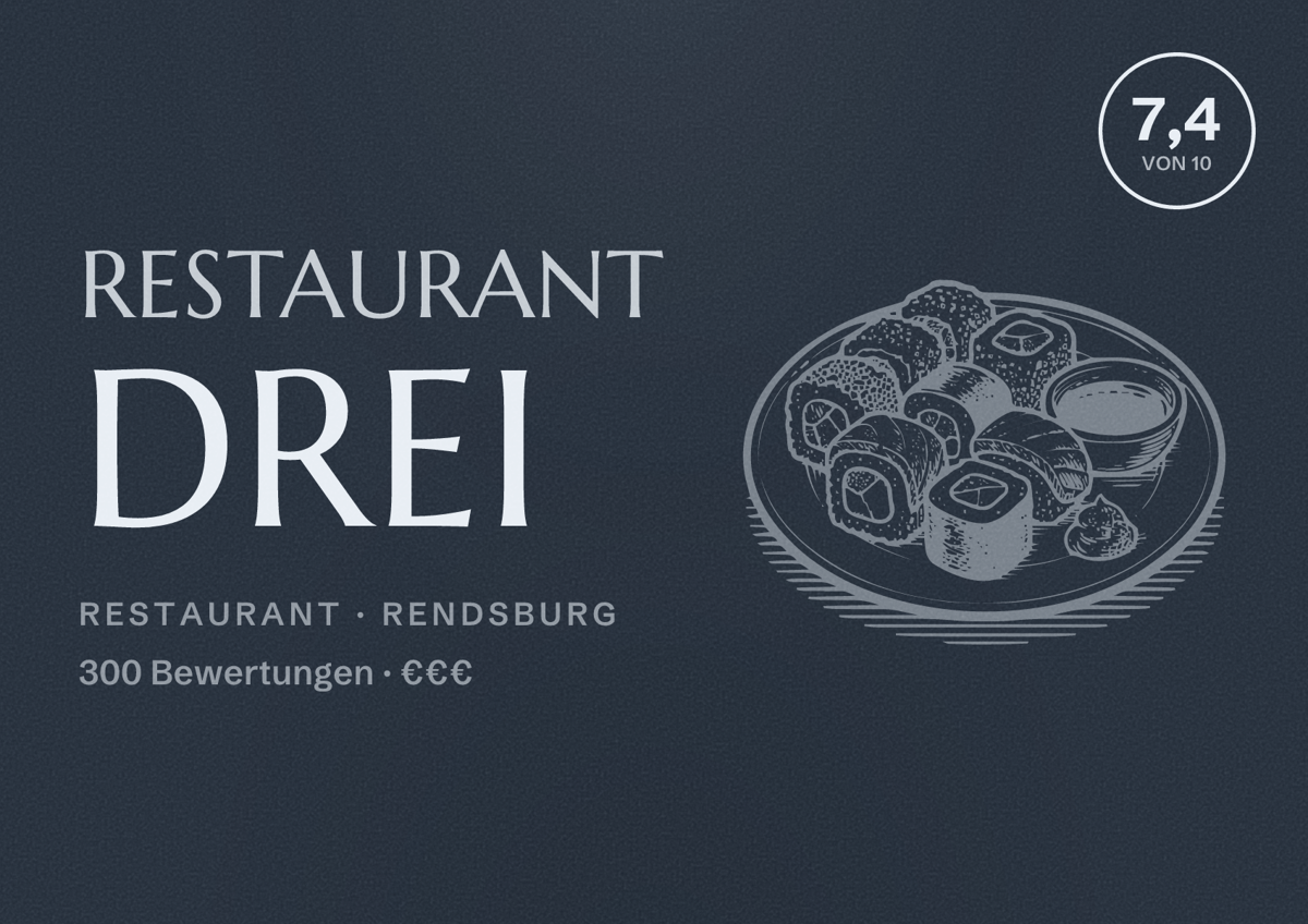Illustriertes Poster von Restaurant Drei, Restaurant in Rendsburg: Bewertung 7,4 von 10 aus 300 Bewertungen, Preisniveau €€€