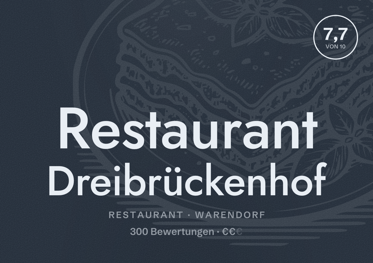 Illustriertes Poster von Restaurant Dreibrückenhof, Restaurant in Warendorf: Bewertung 7,7 von 10 aus 300 Bewertungen, Preisniveau €€