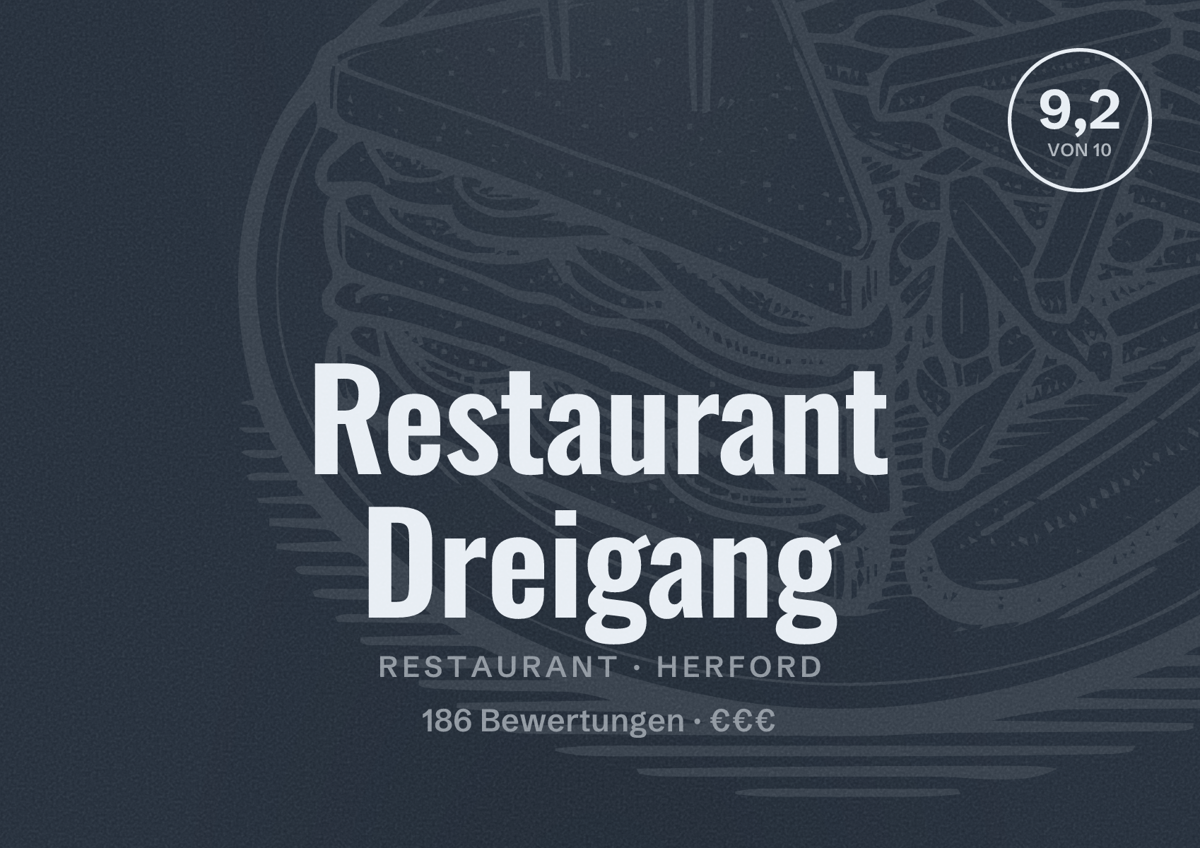Illustriertes Poster von Restaurant Dreigang, Restaurant in Herford: Bewertung 9,2 von 10 aus 186 Bewertungen, Preisniveau €€€