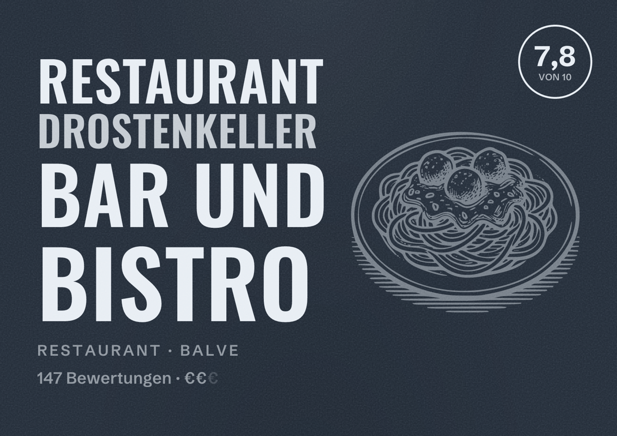Illustriertes Poster von Restaurant Drostenkeller Bar und Bistro, Restaurant in Balve: Bewertung 7,8 von 10 aus 147 Bewertungen, Preisniveau €€