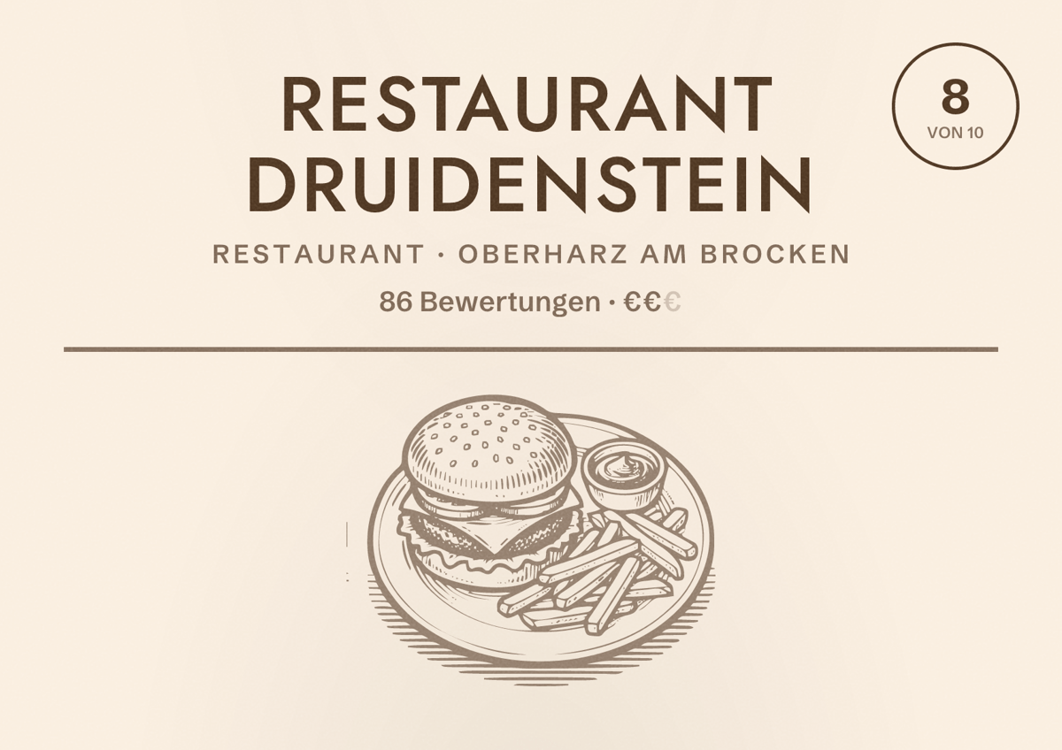 Illustriertes Poster von Restaurant Druidenstein, Restaurant in Oberharz am Brocken: Bewertung 8 von 10 aus 86 Bewertungen, Preisniveau €€
