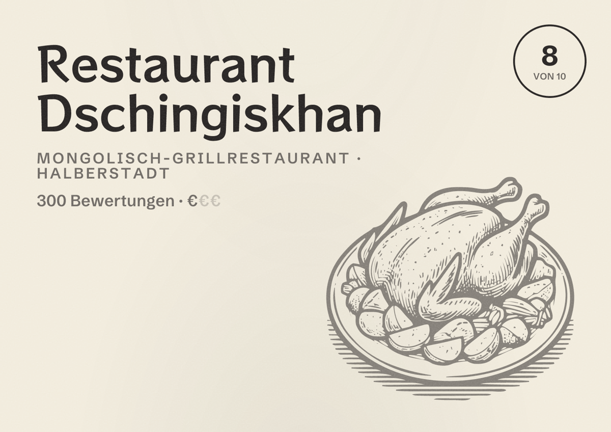 Illustriertes Poster von Restaurant Dschingiskhan, Mongolisch-Grillrestaurant in Halberstadt: Bewertung 8 von 10 aus 300 Bewertungen, Preisniveau €