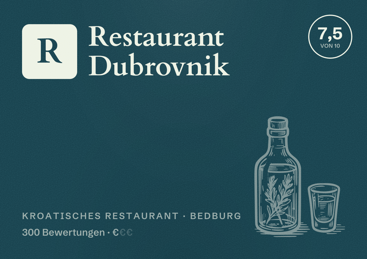 Illustriertes Poster von Restaurant Dubrovnik, Kroatisches Restaurant in Bedburg: Bewertung 7,5 von 10 aus 300 Bewertungen, Preisniveau €