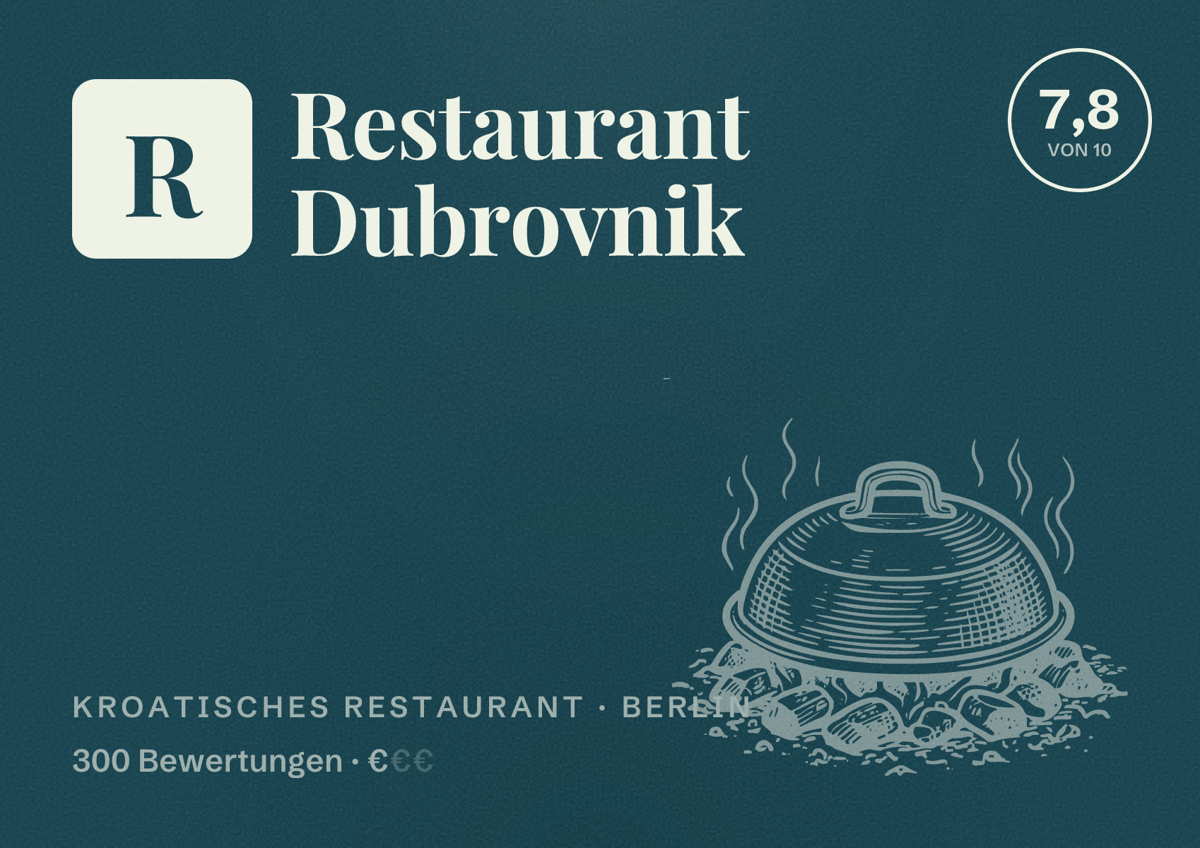 Illustriertes Poster von Restaurant Dubrovnik, Kroatisches Restaurant in Berlin: Bewertung 7,8 von 10 aus 300 Bewertungen, Preisniveau €