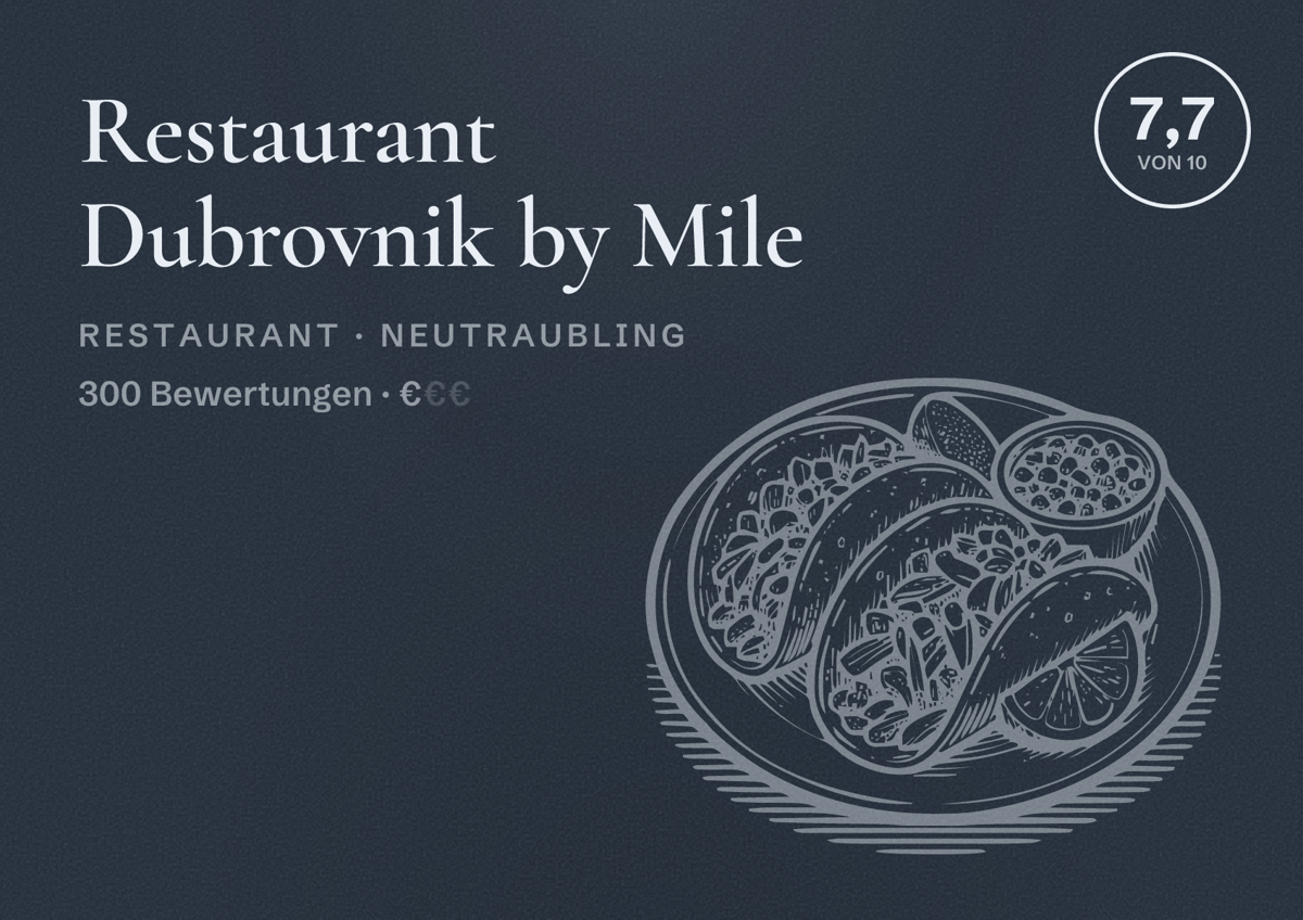Illustriertes Poster von Restaurant Dubrovnik by Mile, Restaurant in Neutraubling: Bewertung 7,7 von 10 aus 300 Bewertungen, Preisniveau €