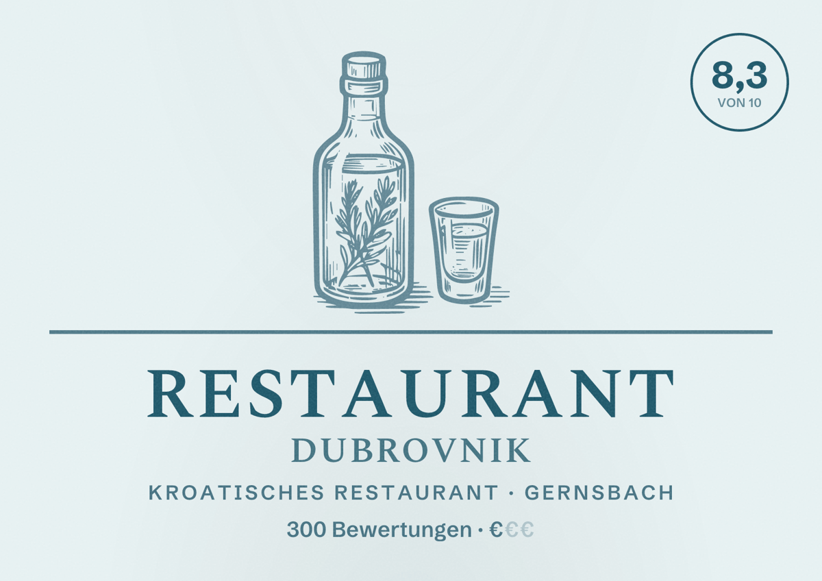 Illustriertes Poster von Restaurant Dubrovnik, Kroatisches Restaurant in Gernsbach: Bewertung 8,3 von 10 aus 300 Bewertungen, Preisniveau €