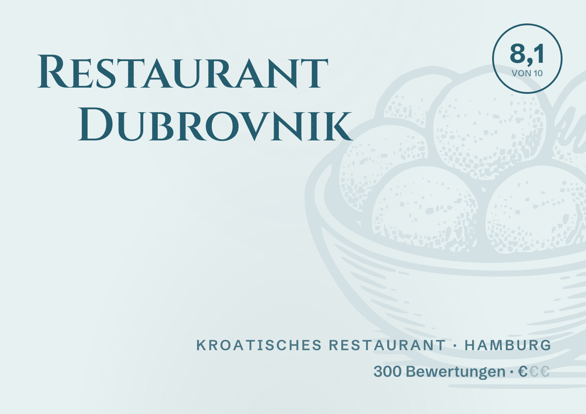 Illustriertes Poster von Restaurant Dubrovnik, Kroatisches Restaurant in Hamburg: Bewertung 8,1 von 10 aus 300 Bewertungen, Preisniveau €