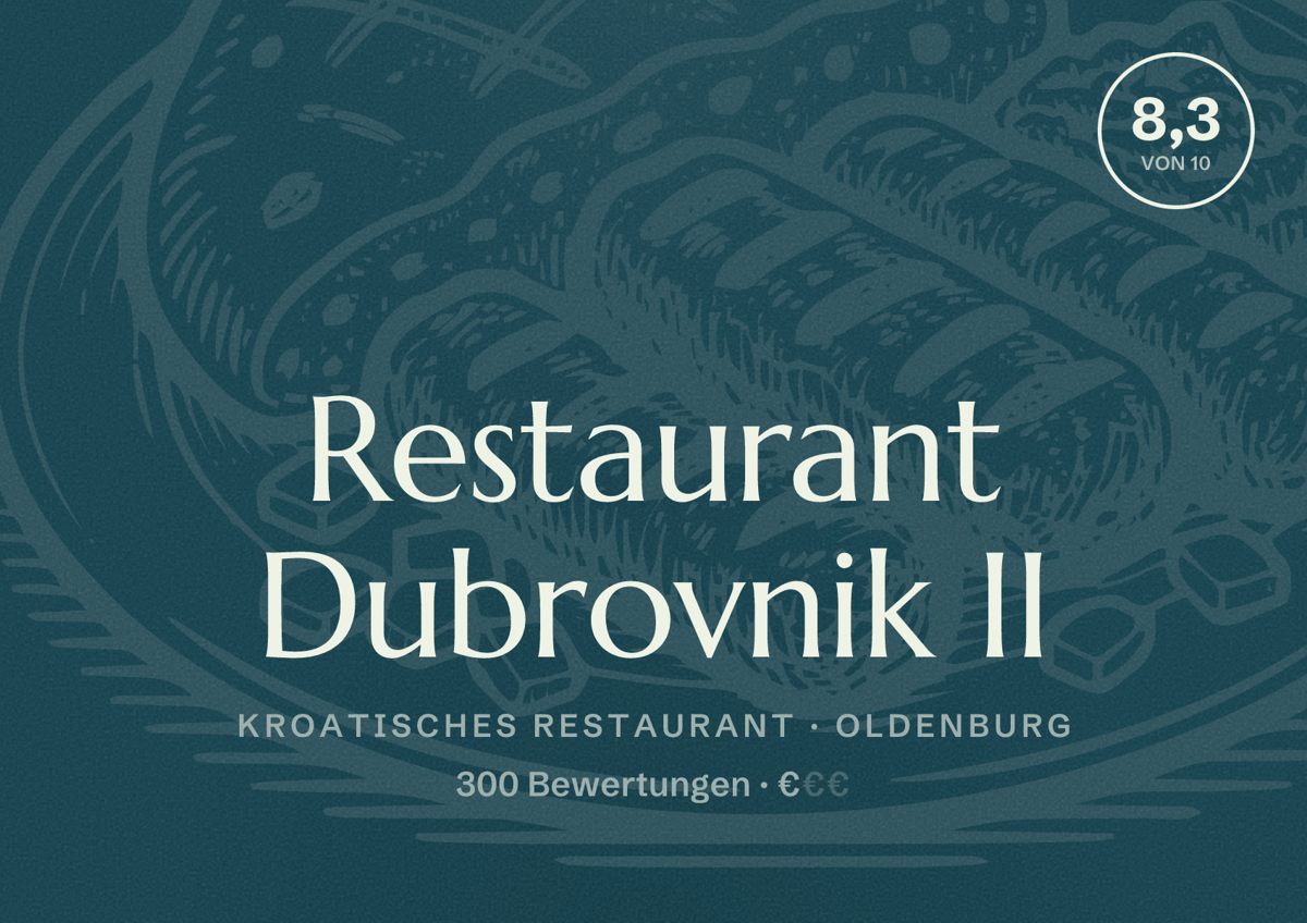 Illustriertes Poster von Restaurant Dubrovnik II, Kroatisches Restaurant in Oldenburg: Bewertung 8,3 von 10 aus 300 Bewertungen, Preisniveau €