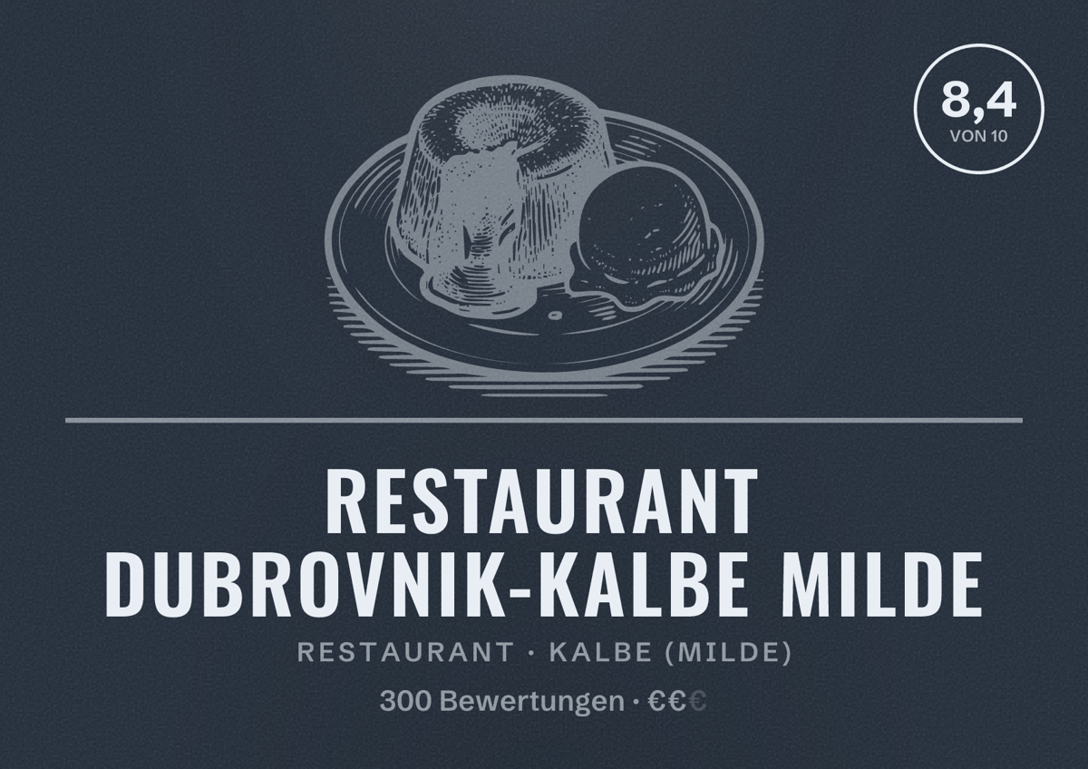 Illustriertes Poster von Restaurant Dubrovnik-Kalbe Milde, Restaurant in Kalbe (Milde): Bewertung 8,4 von 10 aus 300 Bewertungen, Preisniveau €€