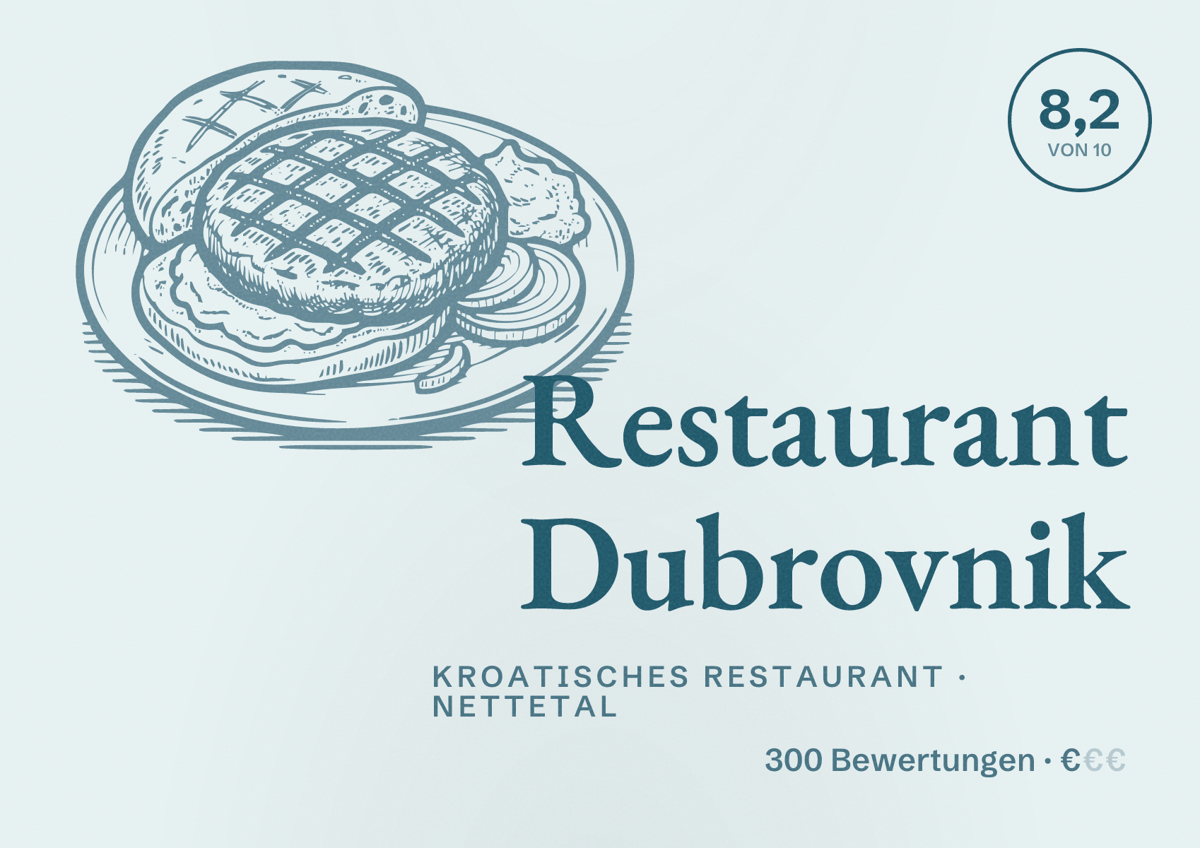 Illustriertes Poster von Restaurant Dubrovnik, Kroatisches Restaurant in Nettetal: Bewertung 8,2 von 10 aus 300 Bewertungen, Preisniveau €