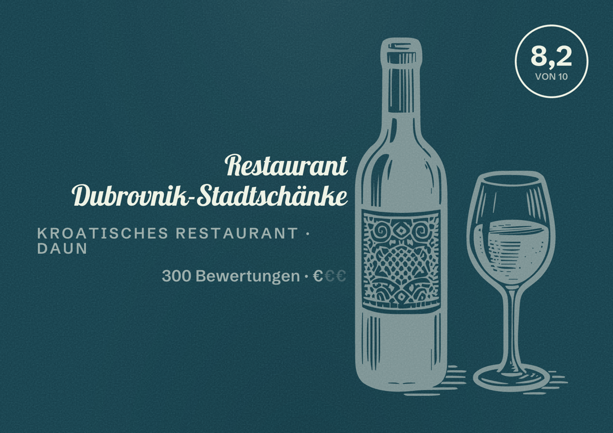 Illustriertes Poster von Restaurant Dubrovnik-Stadtschänke, Kroatisches Restaurant in Daun: Bewertung 8,2 von 10 aus 300 Bewertungen, Preisniveau €
