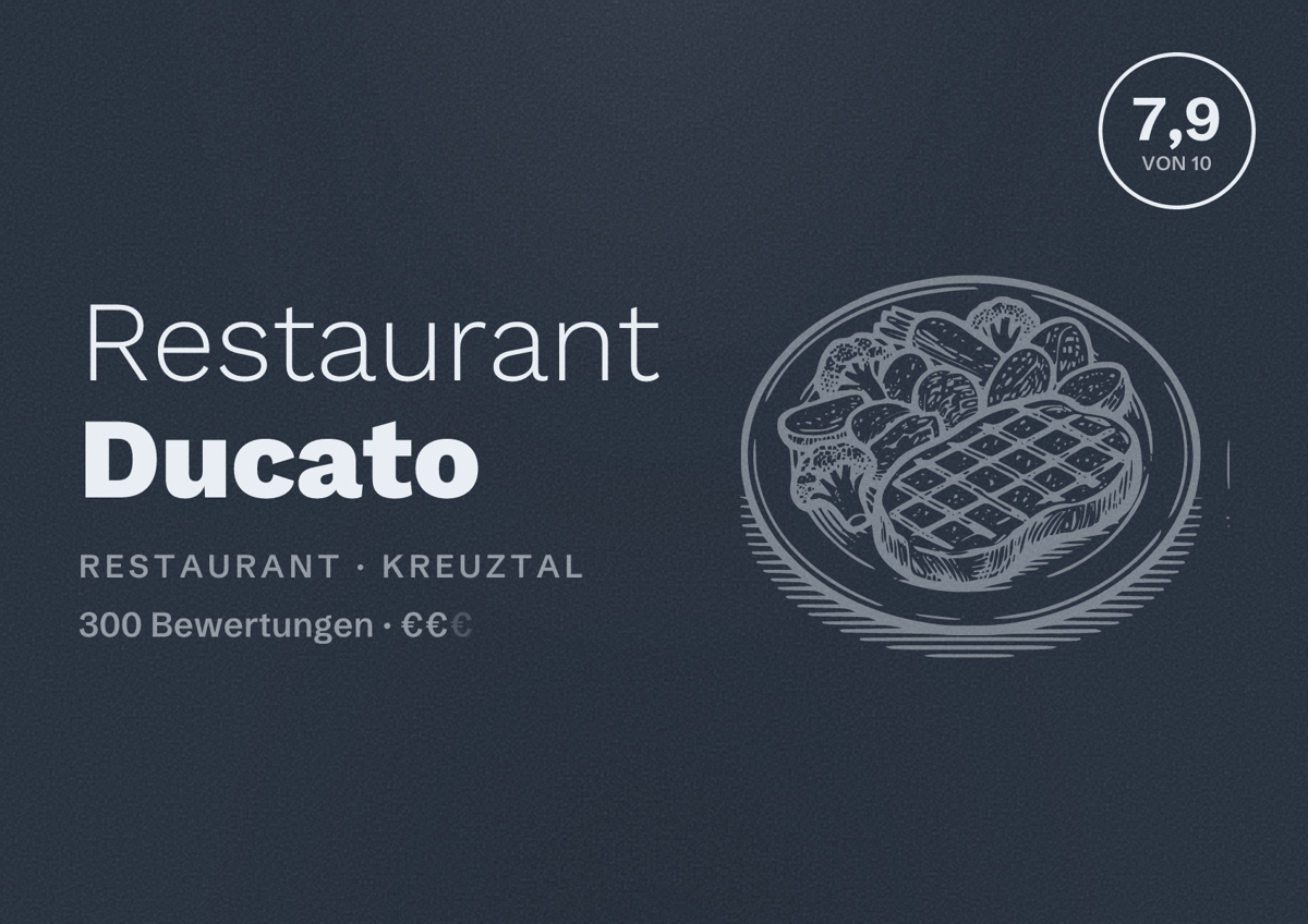 Illustriertes Poster von Restaurant Ducato, Restaurant in Kreuztal: Bewertung 7,9 von 10 aus 300 Bewertungen, Preisniveau €€