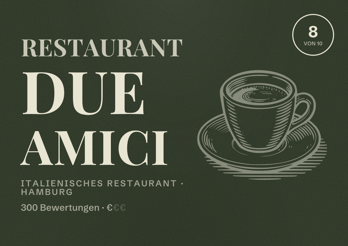 Illustriertes Poster von Restaurant Due Amici, Italienisches Restaurant in Hamburg: Bewertung 8,0 von 10 aus 300 Bewertungen, Preisniveau €