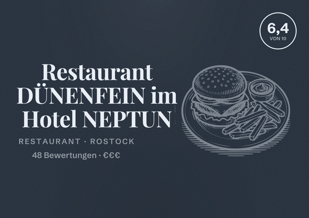 Illustriertes Poster von Restaurant DÜNENFEIN im Hotel NEPTUN, Restaurant in Rostock: Bewertung 6,4 von 10 aus 48 Bewertungen, Preisniveau €€€