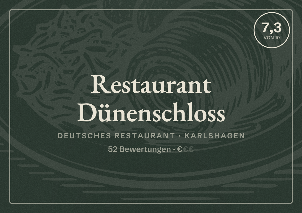 Illustriertes Poster von Restaurant Dünenschloss, Deutsches Restaurant in Karlshagen: Bewertung 7,3 von 10 aus 52 Bewertungen, Preisniveau €