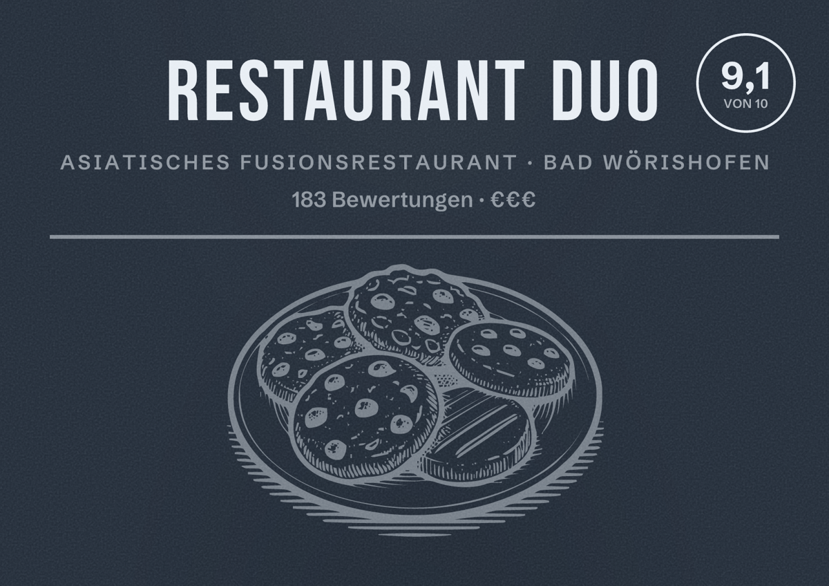 Illustriertes Poster von Restaurant Duo, Asiatisches Fusionsrestaurant in Bad Wörishofen: Bewertung 9,1 von 10 aus 183 Bewertungen, Preisniveau €€€