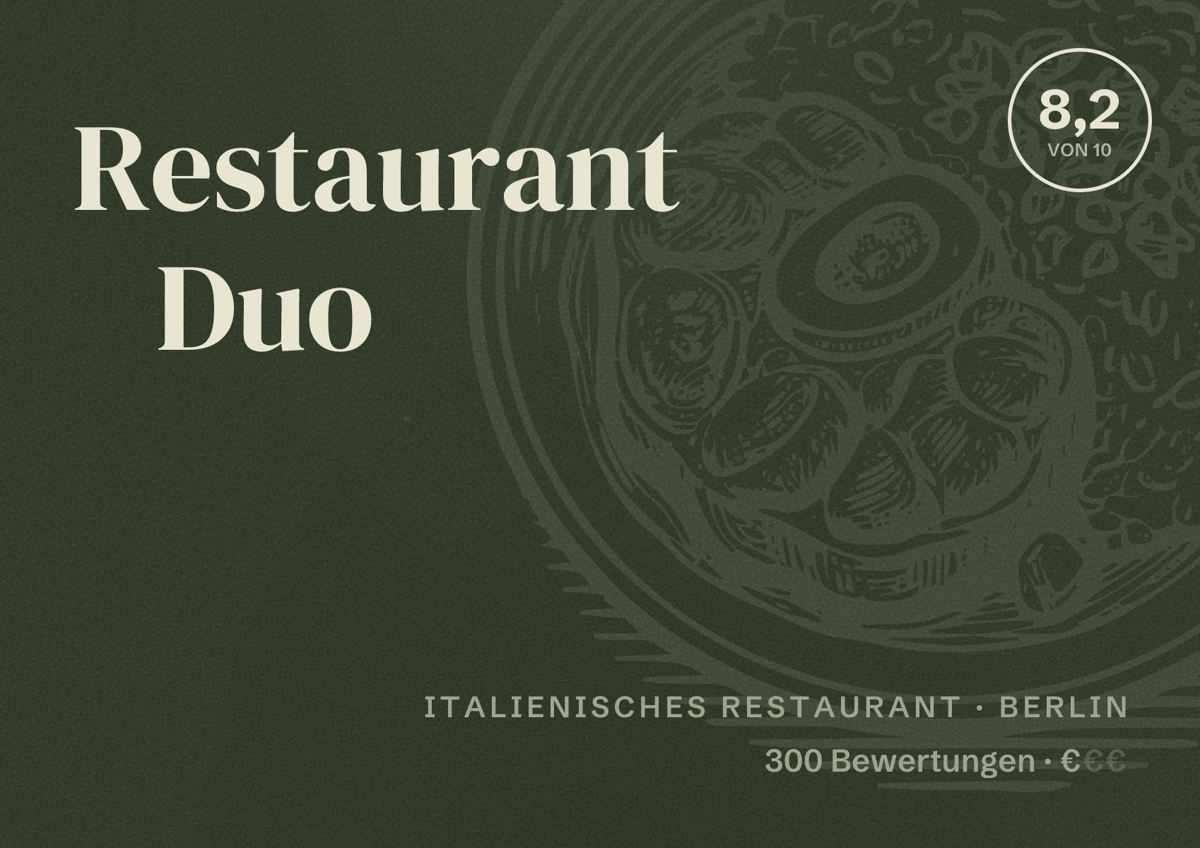 Illustriertes Poster von Restaurant Duo, Italienisches Restaurant in Berlin: Bewertung 8,2 von 10 aus 300 Bewertungen, Preisniveau €