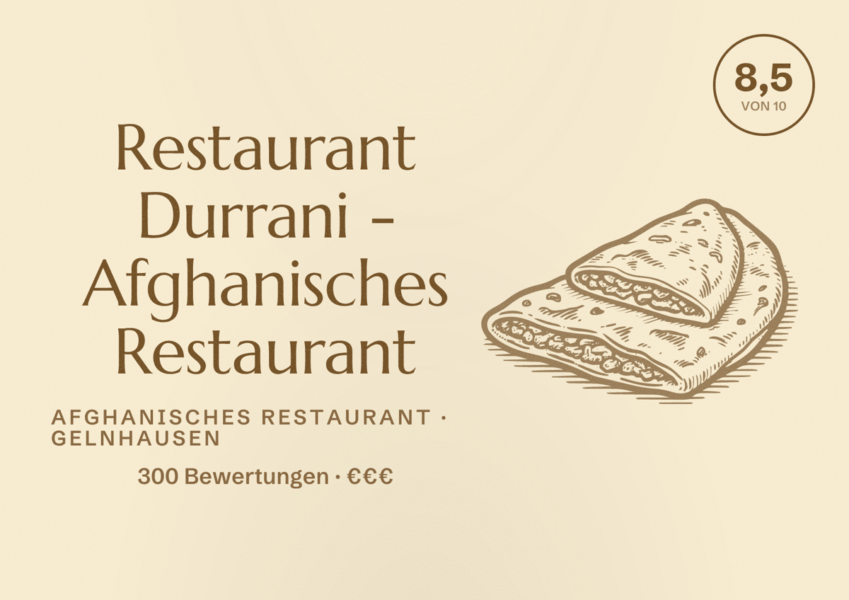 Illustriertes Poster von Restaurant Durrani - Afghanisches Restaurant, Afghanisches Restaurant in Gelnhausen: Bewertung 8,5 von 10 aus 300 Bewertungen, Preisniveau €€€