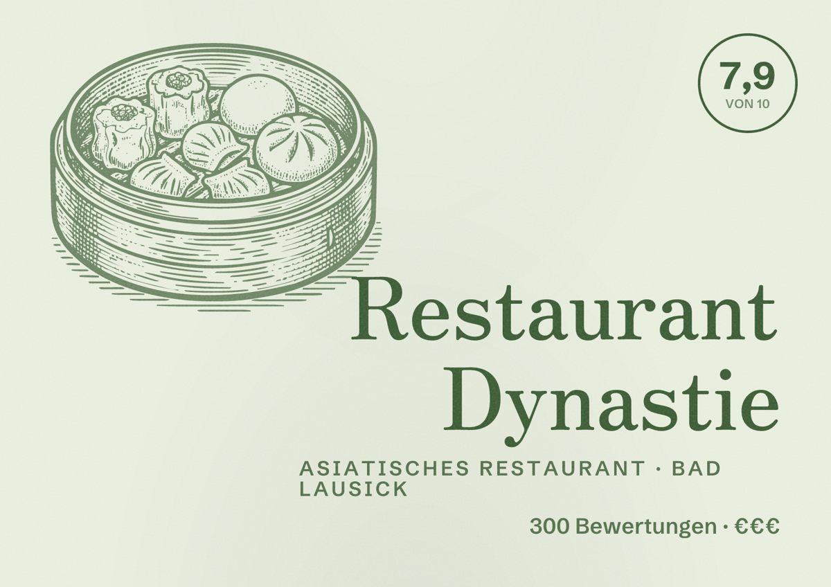 Illustriertes Poster von Restaurant Dynastie, Asiatisches Restaurant in Bad Lausick: Bewertung 7,9 von 10 aus 300 Bewertungen, Preisniveau €€€
