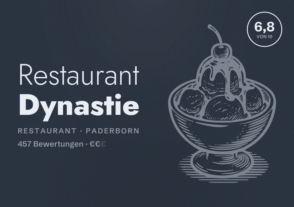 Illustriertes Poster von Restaurant Dynastie, Restaurant in Paderborn: Bewertung 6,8 von 10 aus 457 Bewertungen, Preisniveau €€