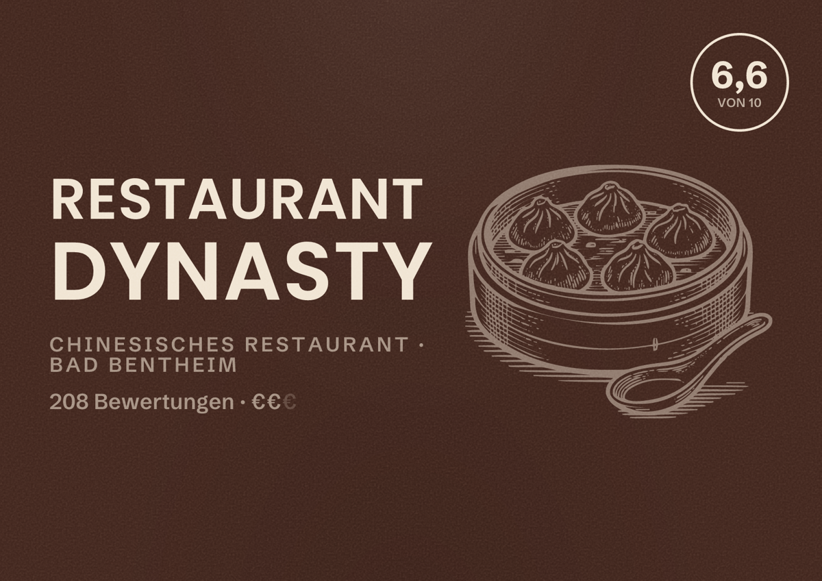 Illustriertes Poster von Restaurant Dynasty, Chinesisches Restaurant in Bad Bentheim: Bewertung 6,6 von 10 aus 208 Bewertungen, Preisniveau €€
