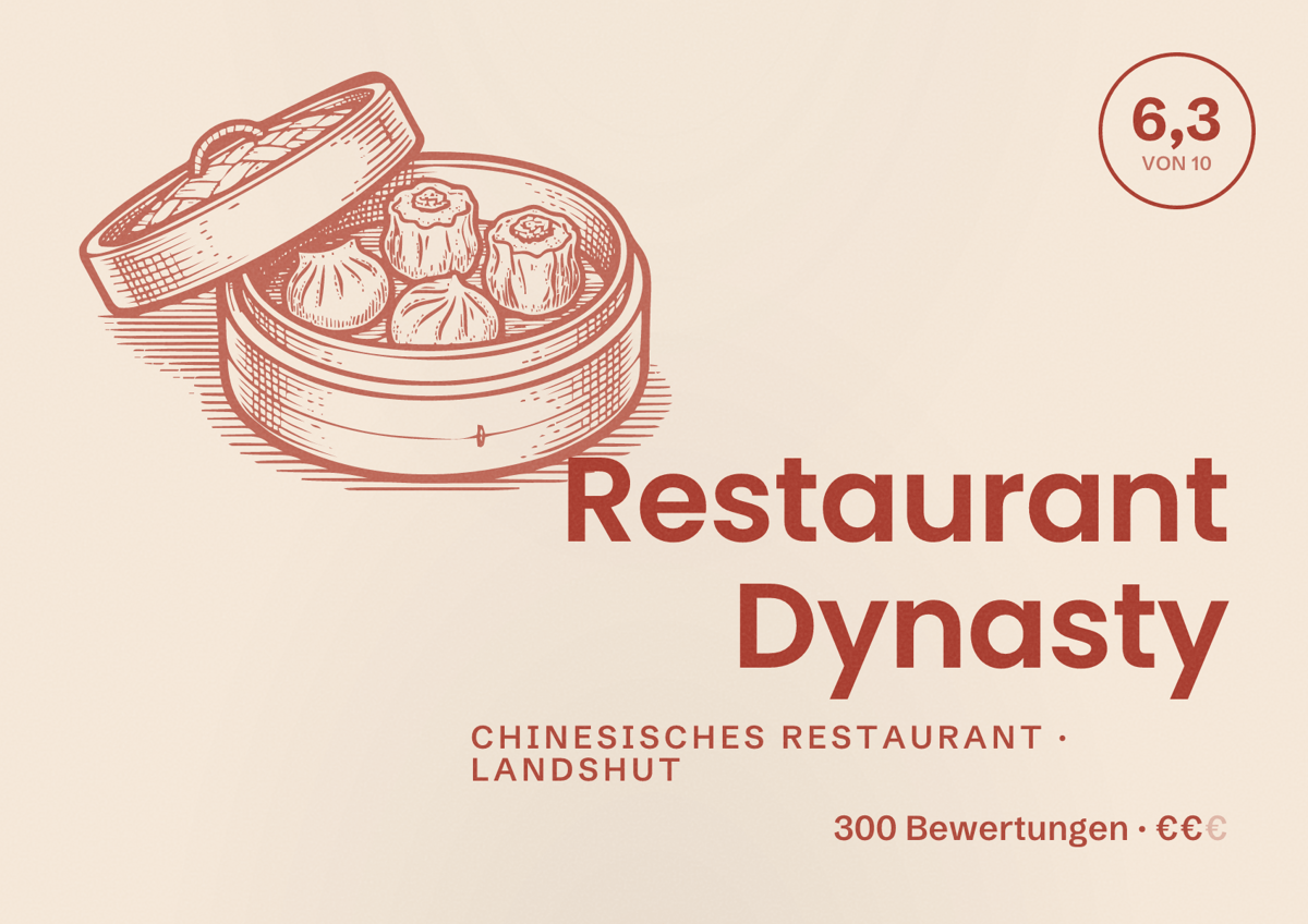 Illustriertes Poster von Restaurant Dynasty, Chinesisches Restaurant in Landshut: Bewertung 6,3 von 10 aus 300 Bewertungen, Preisniveau €€