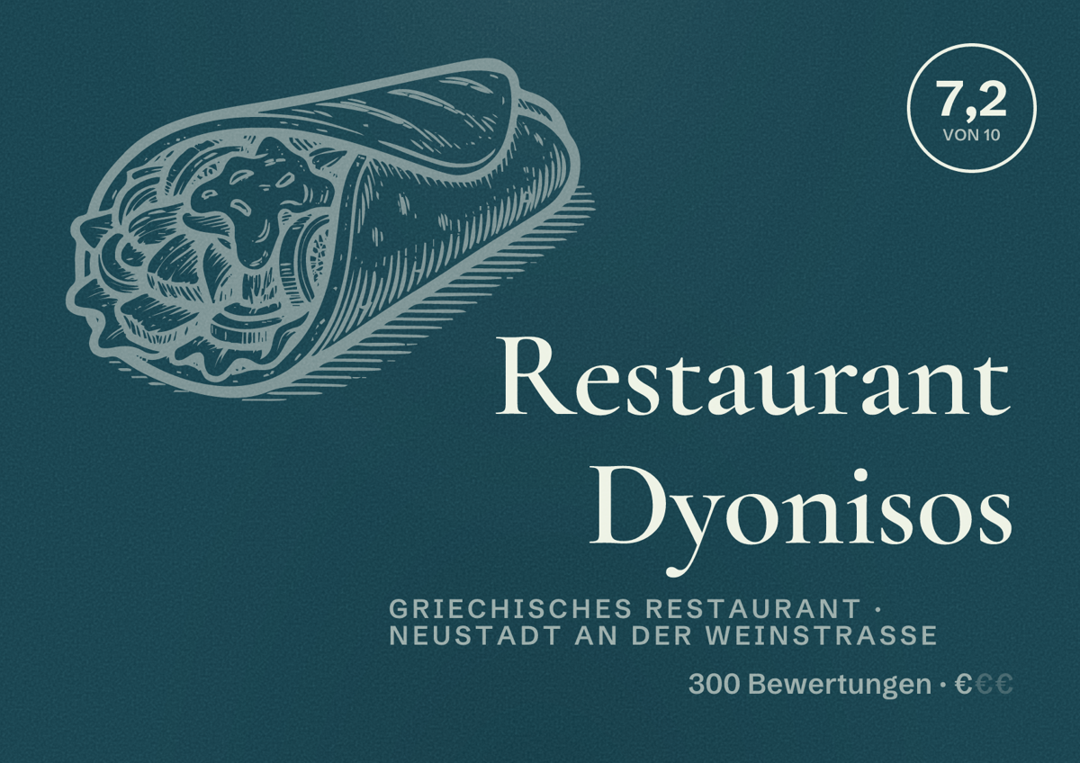 Illustriertes Poster von Restaurant Dyonisos, Griechisches Restaurant in Neustadt an der Weinstraße: Bewertung 7,2 von 10 aus 300 Bewertungen, Preisniveau €