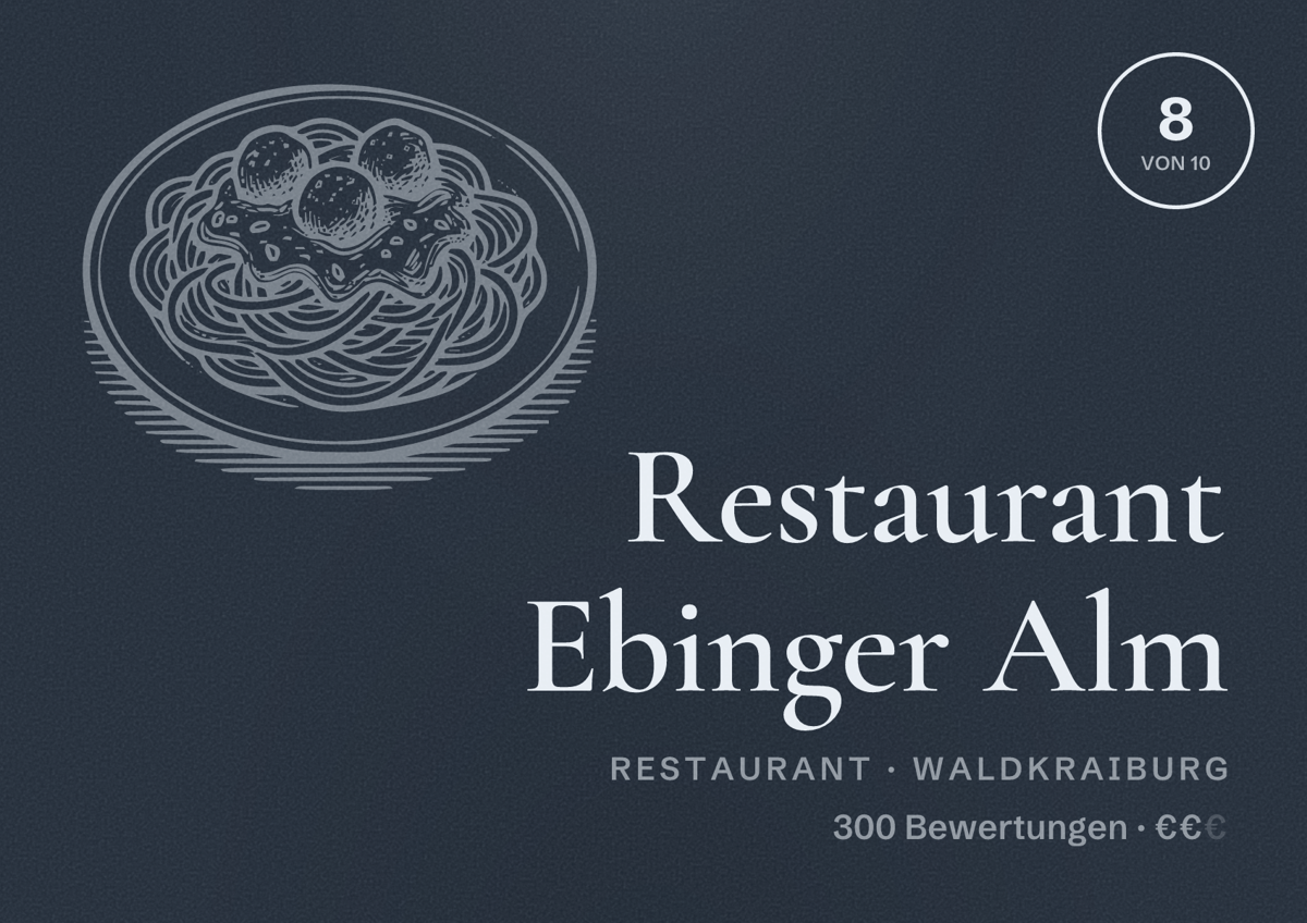 Illustriertes Poster von Restaurant Ebinger Alm, Restaurant in Waldkraiburg: Bewertung 8 von 10 aus 300 Bewertungen, Preisniveau €€