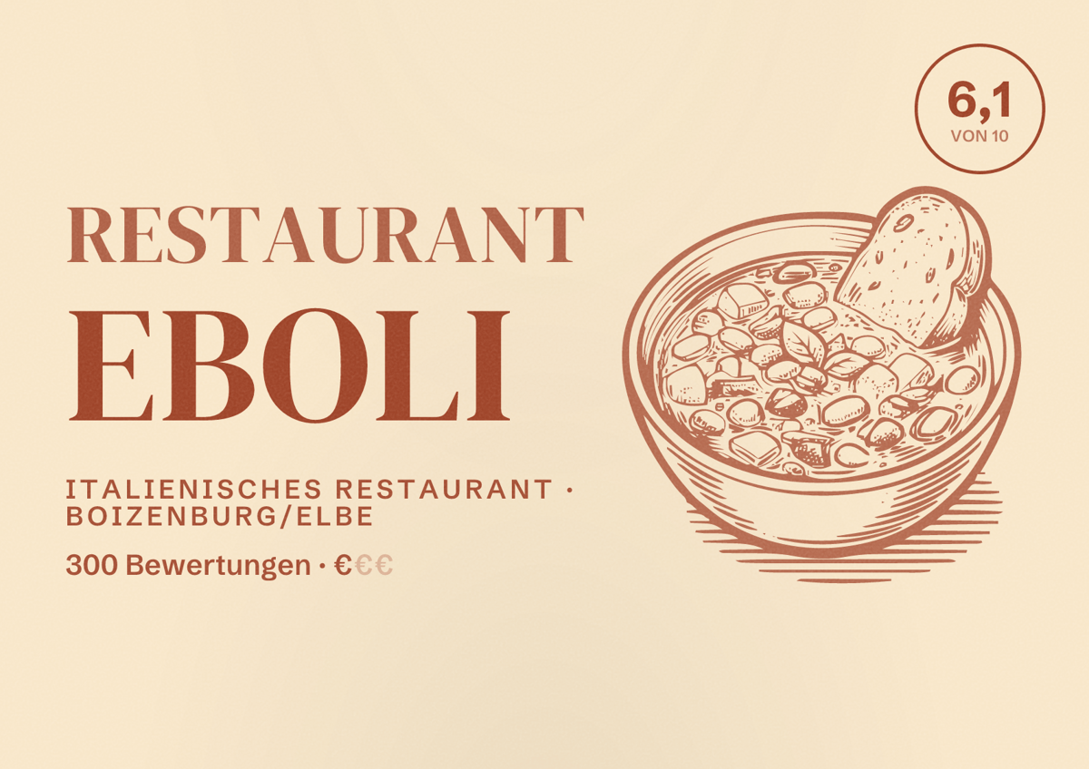 Illustriertes Poster von Restaurant Eboli, Italienisches Restaurant in Boizenburg/Elbe: Bewertung 6,1 von 10 aus 300 Bewertungen, Preisniveau €