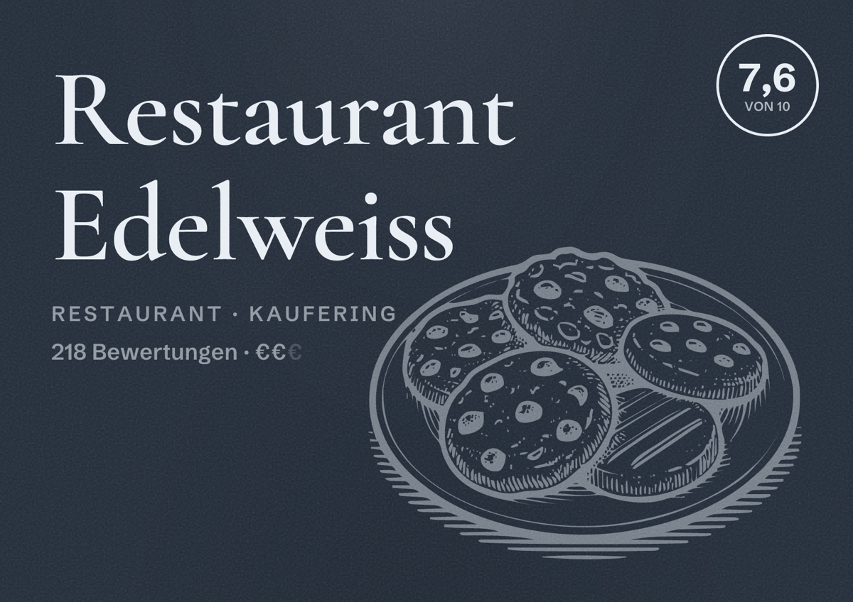Illustriertes Poster von Restaurant Edelweiss, Restaurant in Kaufering: Bewertung 7,6 von 10 aus 218 Bewertungen, Preisniveau €€
