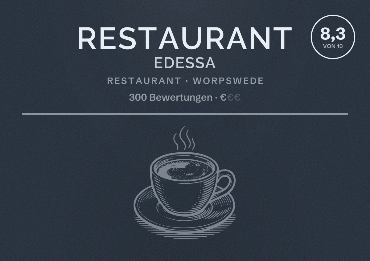 Illustriertes Poster von Restaurant Edessa, Restaurant in Worpswede: Bewertung 8,3 von 10 aus 300 Bewertungen, Preisniveau €