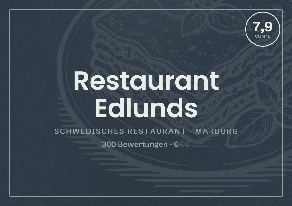 Illustriertes Poster von Restaurant Edlunds, Schwedisches Restaurant in Marburg: Bewertung 7,9 von 10 aus 300 Bewertungen, Preisniveau €