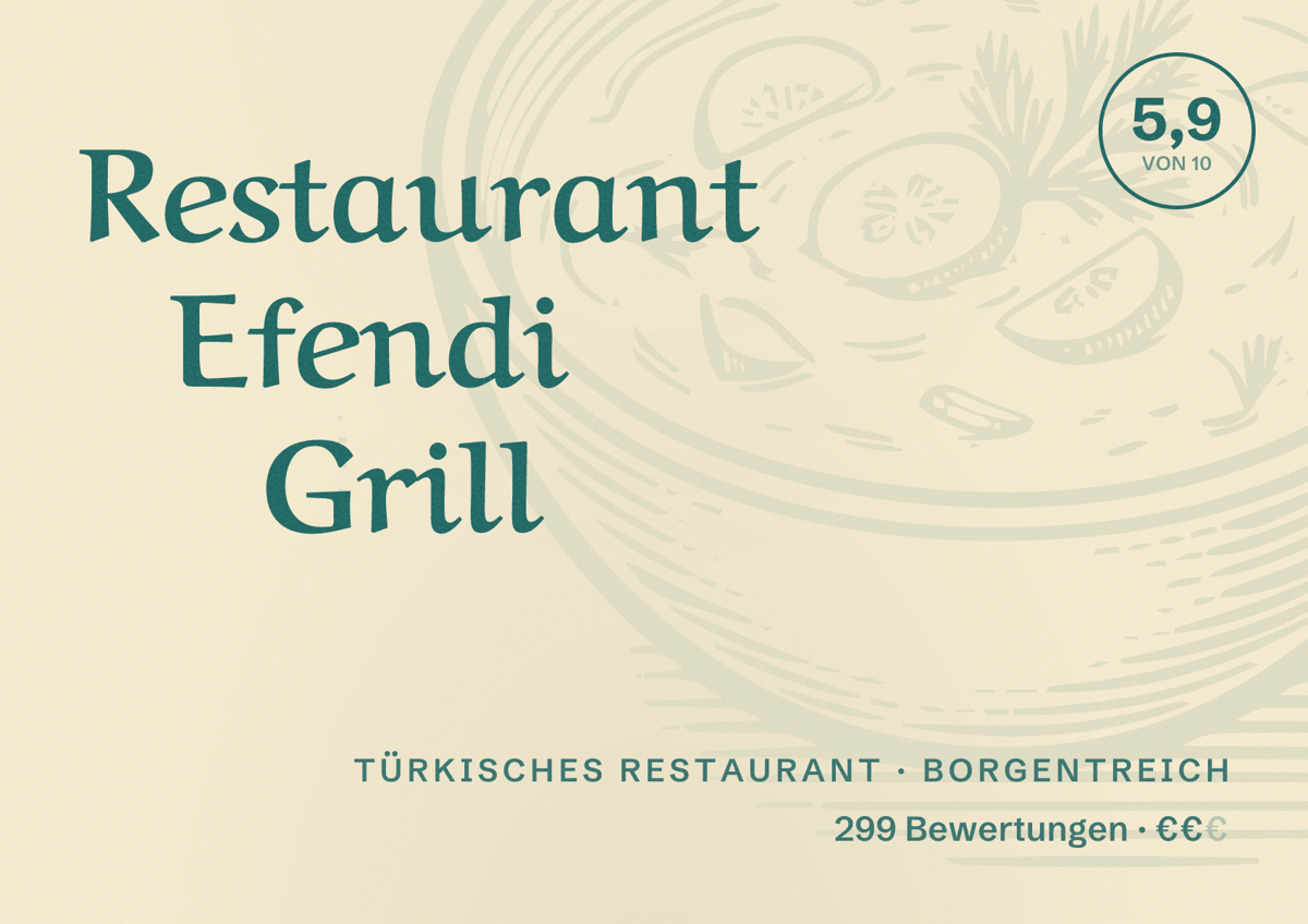 Illustriertes Poster von Restaurant Efendi Grill, Türkisches Restaurant in Borgentreich: Bewertung 5,9 von 10 aus 299 Bewertungen, Preisniveau €€