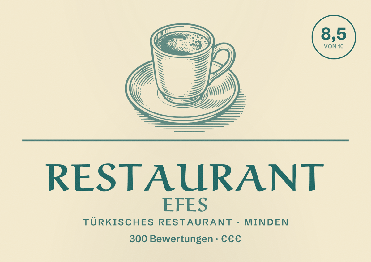 Illustriertes Poster von Restaurant Efes, Türkisches Restaurant in Minden: Bewertung 8,5 von 10 aus 300 Bewertungen, Preisniveau €€€